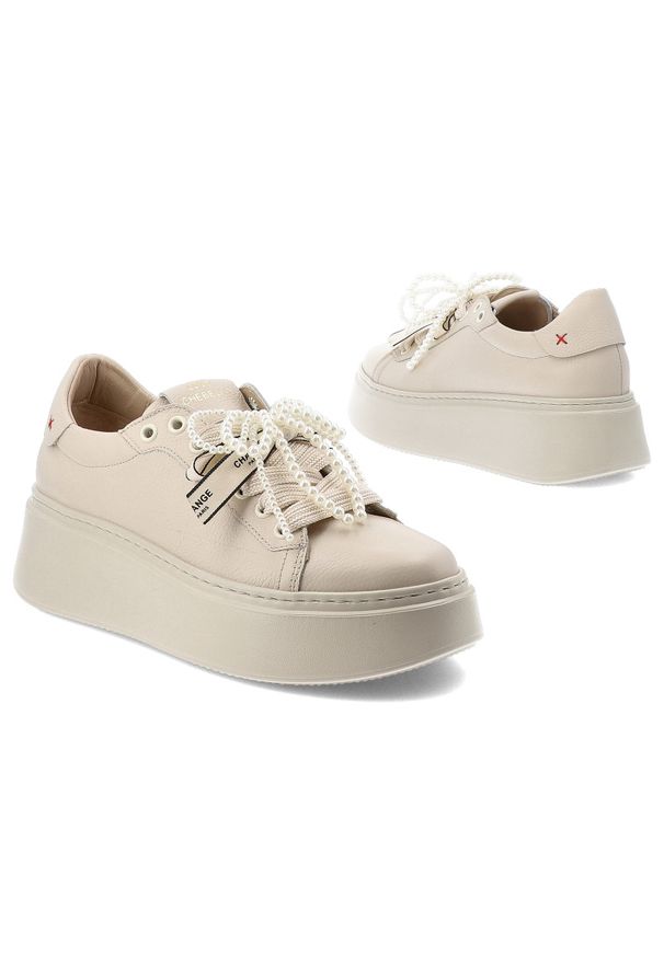 CheBello - Sneakersy damskie Chebello, cholewka ze skóry naturalnej gładkiej ozdobne sznurowanie z dekoracyjnymi elementami masywna platforma zwiększająca komfo. Okazja: na co dzień. Zapięcie: sznurówki. Kolor: beżowy. Materiał: skóra. Szerokość cholewki: normalna. Wzór: gładki. Obcas: na platformie. Styl: casual, elegancki
