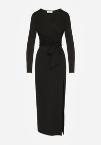 Renee - Czarna Sukienka z Wiskozą o Kopertowym Kroju z Rozcięciem i Wiązanym Paskiem Tesela. Okazja: na co dzień. Kolor: czarny. Materiał: wiskoza. Typ sukienki: kopertowe. Styl: casual #2