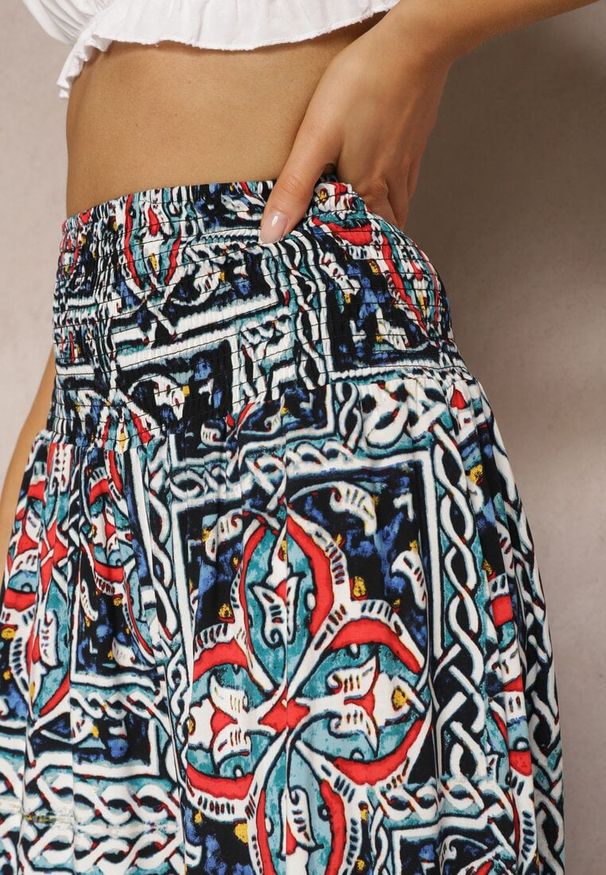 Renee - Granatowe Spodnie Kuloty z Bawełny High Waist z Gumką w Pasie Palovia. Okazja: na co dzień. Stan: podwyższony. Kolor: niebieski. Materiał: bawełna. Styl: casual