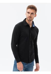 Ombre Clothing - Koszula męska dzianinowa z długim rękawem - czarna V4. Kolor: czarny. Materiał: dzianina. Długość rękawa: długi rękaw. Długość: długie. Wzór: kropki