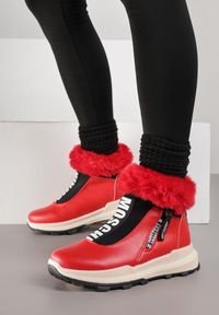 Born2be - Czerwone Śniegowce na Grubej Podeszwie z Futerkiem Heflana. Okazja: na co dzień. Kolor: czerwony. Materiał: futro. Styl: casual, sportowy #1