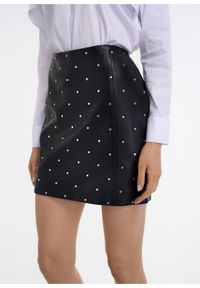 Ochnik - Spódnica damska. Kolor: czarny. Materiał: skóra. Wzór: aplikacja #1