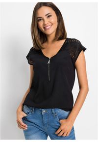 bonprix - Shirt z koronkową wstawką. Okazja: na spotkanie biznesowe, do pracy. Typ kołnierza: dekolt w serek. Kolor: czarny. Materiał: koronka. Sezon: lato. Styl: biznesowy