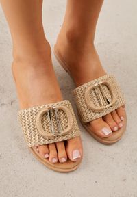 Renee - Beżowe Plecione Klapki na Płaskiej Podeszwie Zdobione Metaliczną Aplikacją Rhelana. Okazja: na co dzień. Kolor: beżowy. Materiał: len. Wzór: aplikacja. Obcas: na płaskiej podeszwie. Styl: boho, glamour, casual, elegancki #5