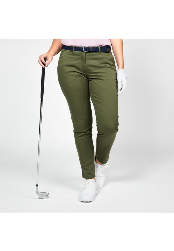 INESIS - Spodnie do golfa chino damskie Inesis MW500 bawełniane. Kolor: zielony. Materiał: materiał, bawełna, poliester, elastan. Sport: golf