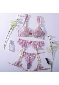 Intica - Komplet bielizny haftowanej z pasem do pończoch na specjalne okazje Felizia. Kolor: różowy. Materiał: materiał. Wzór: haft #1