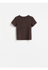 Reserved - T-shirt z modalem - ciemnobrązowy. Kolor: brązowy. Materiał: dzianina