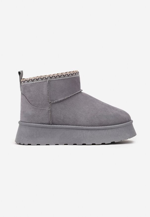 Born2be - Szare Śniegowce na Grubej Podeszwie z Ozdobnym Haftem Ceccaria. Okazja: na spacer. Kolor: szary. Materiał: jeans, puch. Wzór: haft. Sezon: zima. Styl: elegancki