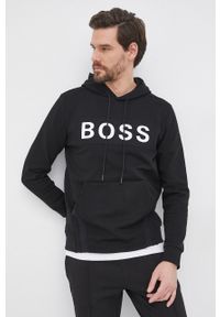 BOSS - Boss Bluza Athleisure męska kolor czarny z kapturem z nadrukiem. Okazja: na co dzień. Typ kołnierza: kaptur. Kolor: czarny. Wzór: nadruk. Styl: casual