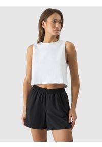 4f - 4F Crop-top oversize gładki damski - biały L. Kolor: biały. Materiał: dzianina, jersey, bawełna. Długość rękawa: na ramiączkach. Wzór: gładki. Sezon: lato #1