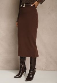Renee - Brązowa Spódnica o Ołówkowym Kroju z Wiskozą z Paskiem i Rozcięciem Saweda. Okazja: na co dzień. Kolor: brązowy. Materiał: wiskoza. Styl: casual, elegancki #3