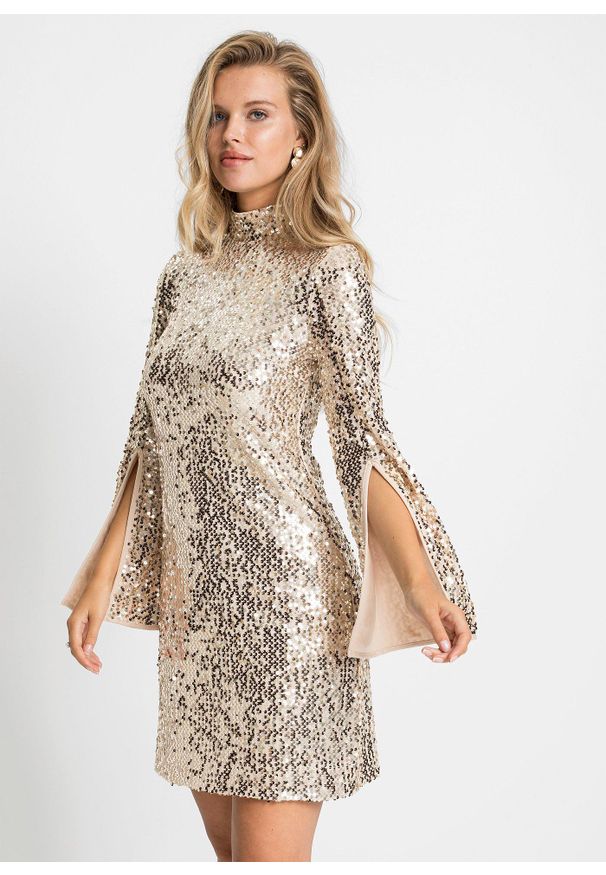 bonprix - Sukienka z cekinami i rozkloszowanymi rękawami. Okazja: na imprezę. Kolor: złoty