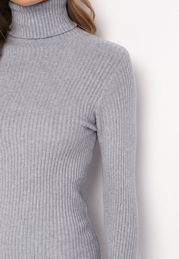 Born2be - Szara Dopasowana Sukienka Mini z Prążkowanej Dzianiny i Golfem Helmine. Typ kołnierza: golf. Kolor: szary. Materiał: dzianina, prążkowany. Długość rękawa: długi rękaw. Długość: mini