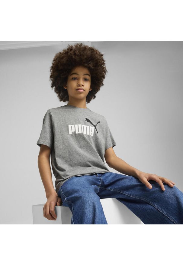 Puma - Młodzieżowa koszulka Essentials Colour z logo No.1 PUMA Medium Gray Heather. Kolor: szary. Materiał: guma. Wzór: nadruk. Sport: joga i pilates