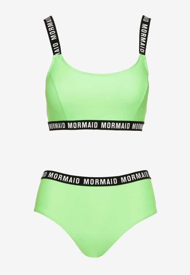 Renee - Jasnozielone Bikini Majtki Typu Figi i Sportowa Góra Ozdobione Napisami Nevoneira. Kolor: zielony. Wzór: aplikacja, napisy