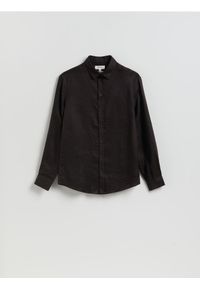 Reserved - Lniana koszula slim fit - ciemnobrązowy. Kolor: brązowy. Materiał: len #1