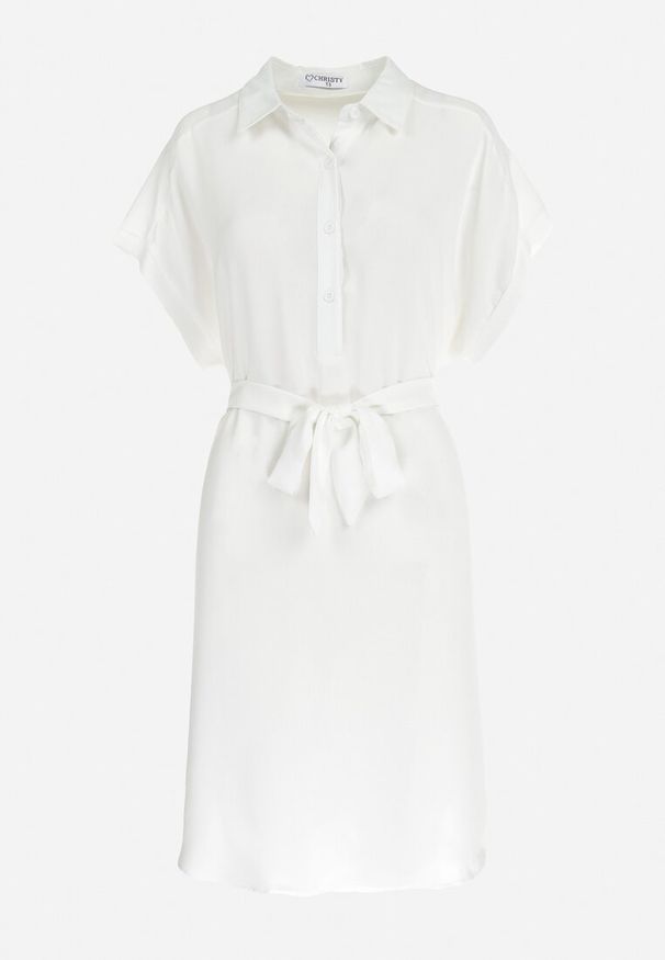 Born2be - Biała Koszulowa Sukienka z Krótkim Rękawem i Wiązaniem w Pasie Mistie. Kolekcja: plus size. Kolor: biały. Materiał: materiał. Długość rękawa: krótki rękaw. Wzór: gładki. Sezon: wiosna, lato. Typ sukienki: koszulowe. Długość: midi