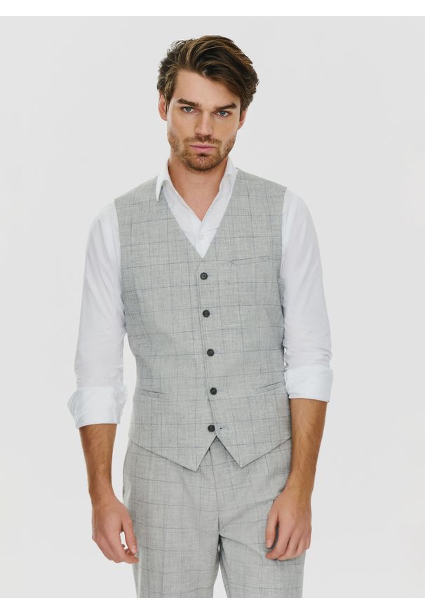 Pako Lorente - PAKO LORENTE – Szara kamizelka męska w granatową kratkę. Kolor: niebieski, szary, wielokolorowy. Materiał: poliester, wiskoza, elastan. Wzór: kratka