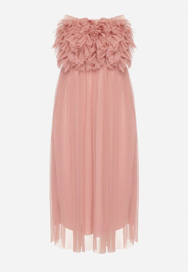 Born2be - Ciemnoróżowa Tiulowa Sukienka z Falbankami Larithia. Typ kołnierza: kołnierz z falbankami. Kolor: różowy. Materiał: tiul. Długość rękawa: bez ramiączek