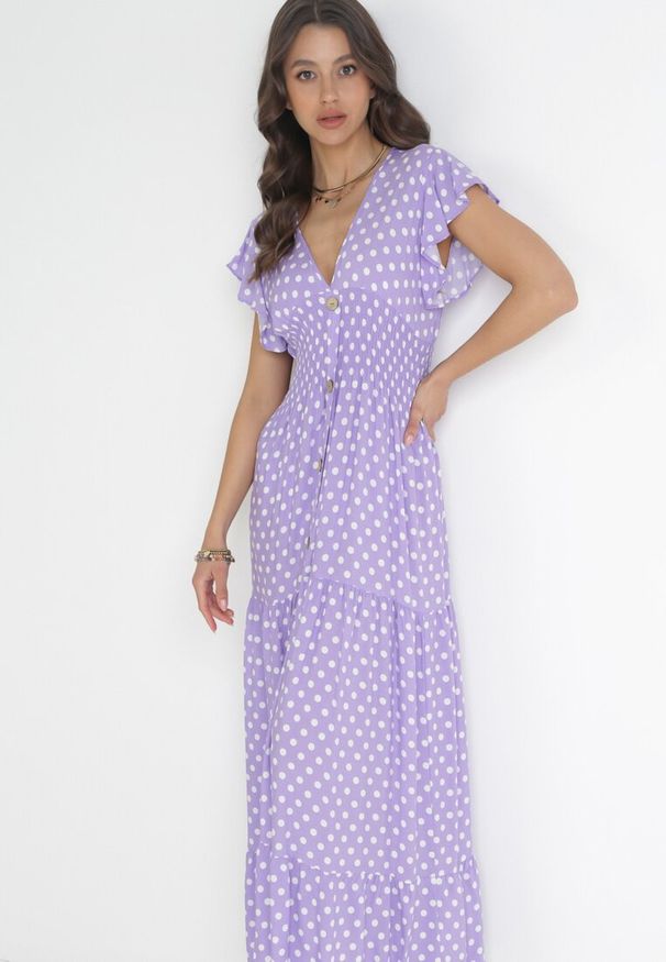 Born2be - Fioletowa Sukienka Maxi w Groszki z Szeroką Gumką w Pasie Khalsa. Kolor: fioletowy. Wzór: grochy. Długość: maxi