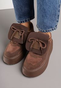 Born2be - Brązowe Sneakersy na Grubej Podeszwie z Wywiniętym Językiem i Kokardą Ellisare. Okazja: na co dzień. Kolor: brązowy. Materiał: jeans #5