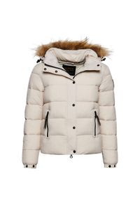 Damska krótka kurtka z kapturem i sztucznym futrem Superdry. Typ kołnierza: kaptur. Kolor: szary. Materiał: futro. Długość rękawa: długi rękaw. Długość: krótkie #1