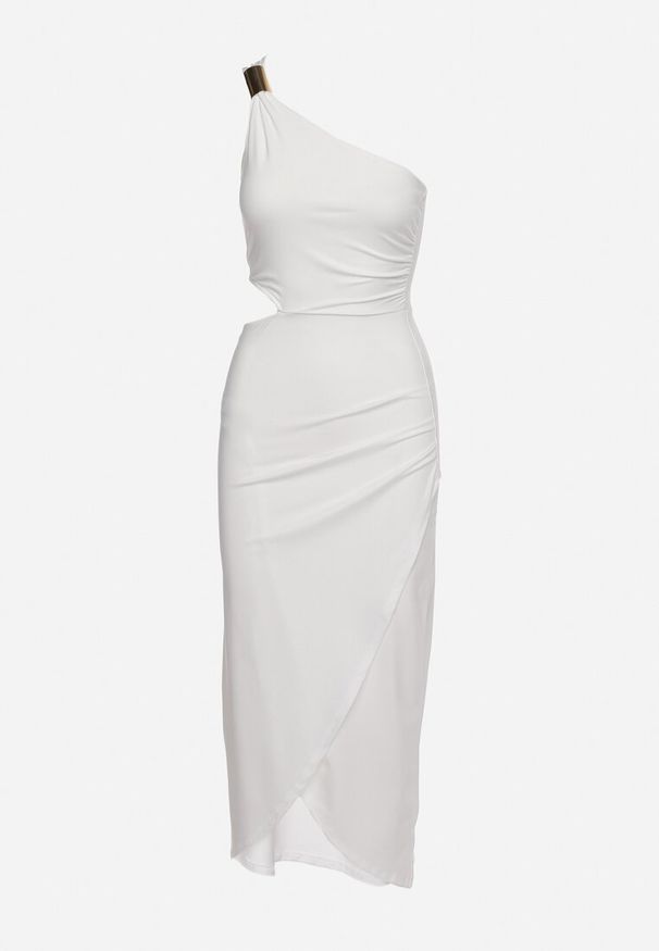 Born2be - Biała Asymetryczna Sukienka Koktajlowa na Jedno Ramię z Wycięciem i Metalową Klamrą Violea. Okazja: na imprezę. Kolor: biały. Długość rękawa: długi rękaw. Typ sukienki: asymetryczne. Styl: wizytowy