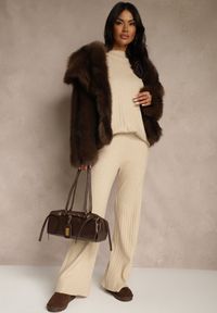 Renee - Beżowy Komplet Prążkowany z Bawełną Sweter Oversize i Szerokie Spodnie Wedorena. Kolor: beżowy. Materiał: bawełna, prążkowany #5