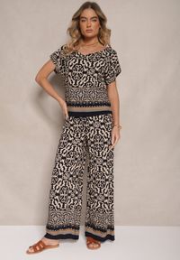 Renee - Granatowy Komplet Spodnie i Bluzka z Bawełny w Ornamentalny Print Nanitria. Kolor: niebieski. Materiał: bawełna. Wzór: nadruk