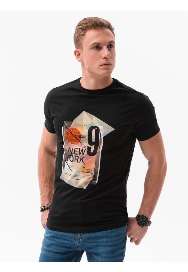 Ombre Clothing - T-shirt męski z nadrukiem S1434 V-16B - czarny - XXL. Kolor: czarny. Materiał: bawełna. Wzór: nadruk. Styl: klasyczny