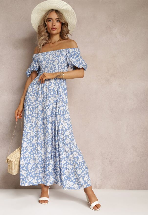 Renee - Niebieska Trapezowa Sukienka Bawełniana w Kwiaty Cresenia. Kolor: niebieski. Materiał: bawełna. Długość rękawa: krótki rękaw. Wzór: kwiaty. Typ sukienki: trapezowe