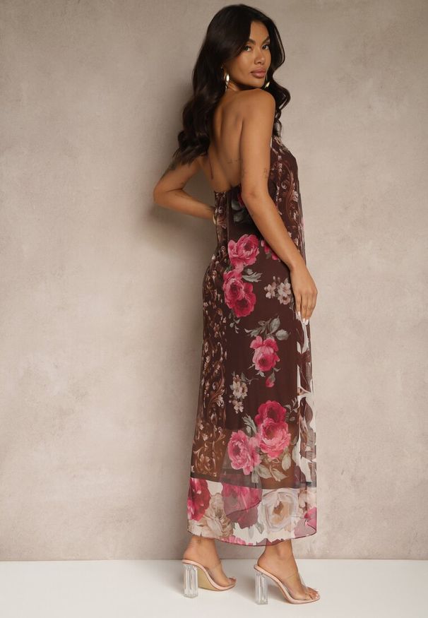 Renee - Brązowa Kwiatowa Sukienka Siateczkowa z Wiskozą Izurelia. Okazja: na co dzień. Kolor: brązowy. Materiał: wiskoza. Wzór: kwiaty. Typ sukienki: proste. Styl: elegancki, casual