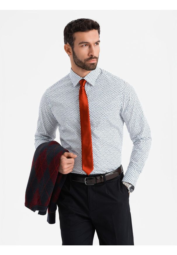 Ombre Clothing - Męska koszula w drobny wzór SLIM FIT - biała V2 - Rozmiar: S. Kolor: biały. Materiał: bawełna. Styl: klasyczny