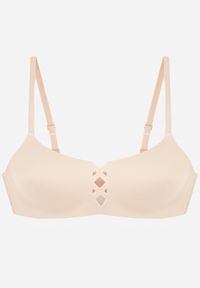 Renee - Beżowy Biustonosz o Gładkim Wykończeniu z Imitacją Wiązania Azisene. Kolor: beżowy. Materiał: koronka. Wzór: gładki #1