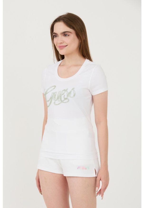 Guess - GUESS Biały damski t-shirt Script, Rozmiar S. Kolor: biały