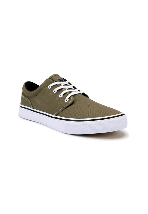 OXELO - Buty skate niskie VULCA 100. Kolor: brązowy, wielokolorowy, zielony. Materiał: kauczuk, bawełna. Szerokość cholewki: normalna. Obcas: na płaskiej podeszwie. Sport: skateboard