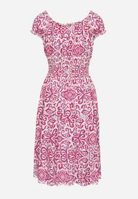 Born2be - Różowa Sukienka z Bawełny w Ornamentalny Wzór z Gumką w Pasie Natirissa. Okazja: na co dzień. Kolor: różowy. Materiał: bawełna. Długość rękawa: krótki rękaw. Sezon: lato. Typ sukienki: proste. Styl: casual, elegancki #5