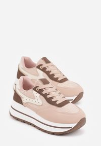 Renee - Różowe Sneakersy na Platformie z Tweedowym Zdobieniem i Perforacją Dioseleia. Okazja: na co dzień. Kolor: różowy. Materiał: jeans. Wzór: aplikacja. Obcas: na platformie #9
