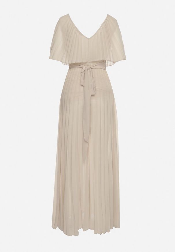 Born2be - Beżowa Sukienka Plisowana z Szeroką Falbaną Przy Dekolcie Dinara. Kolor: beżowy. Styl: wizytowy. Długość: maxi