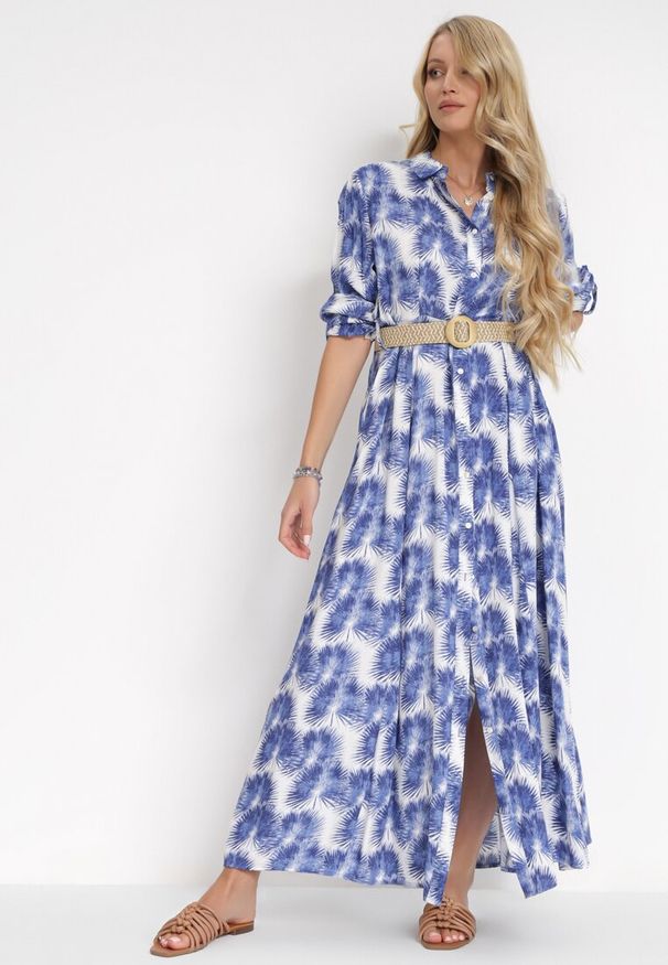 Born2be - Niebieska Rozkloszowana Sukienka Maxi z Plecionym Paskiem i Wsuwanymi Kieszeniami Suttyn. Kolor: niebieski. Długość rękawa: długi rękaw. Sezon: wiosna, lato. Długość: maxi