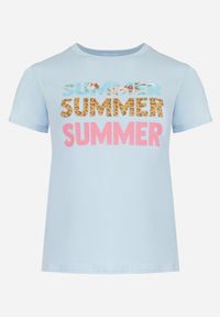 Born2be - Jasnoniebieski Bawełniany T-shirt z Kolorowymi Napisami Summer. Kolekcja: plus size. Kolor: niebieski. Materiał: bawełna. Wzór: napisy, kolorowy #3