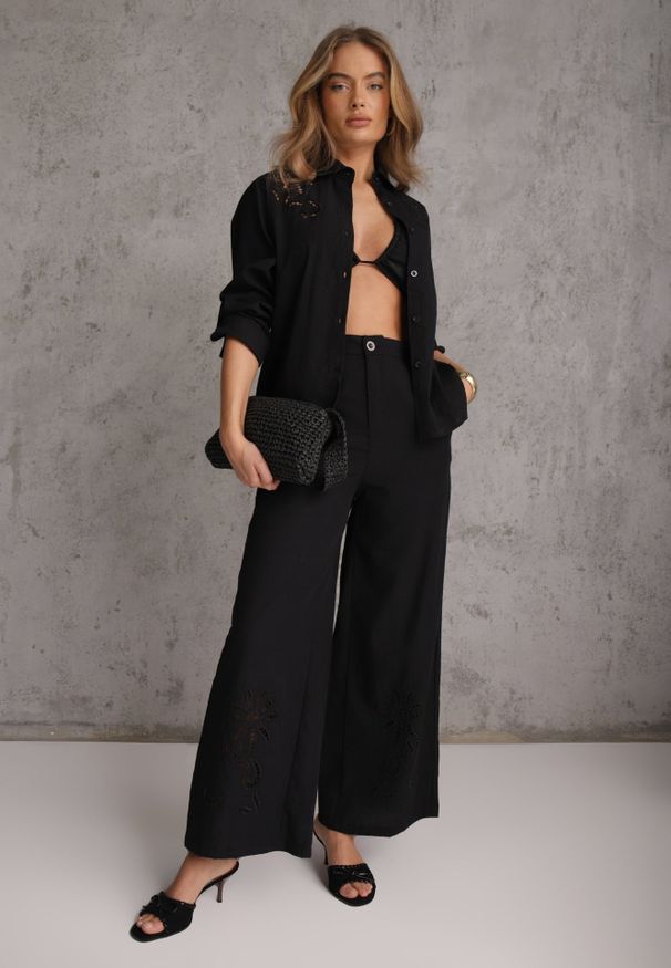 Renee - Czarny Boho Komplet z Bawełną Koszula i Spodnie z Ażurowymi Zdobieniami Runesa. Kolor: czarny. Materiał: bawełna. Wzór: aplikacja, ażurowy