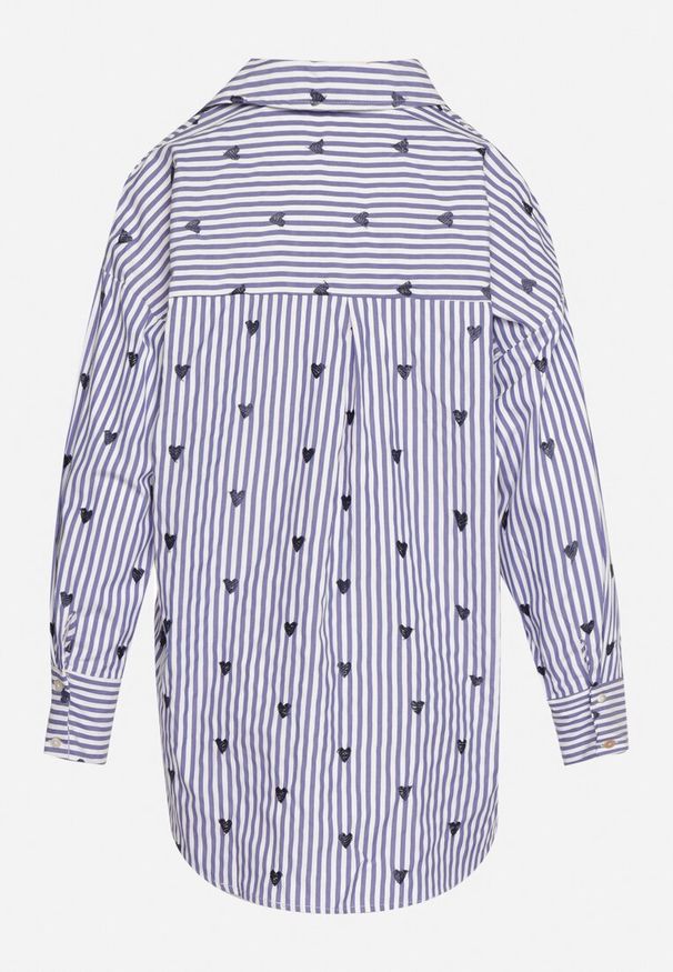 Born2be - Granatowa Koszula Bawełniana w Paski z Haftowanymi Serduszkami Sanileni. Kolor: niebieski. Materiał: bawełna. Wzór: haft, paski