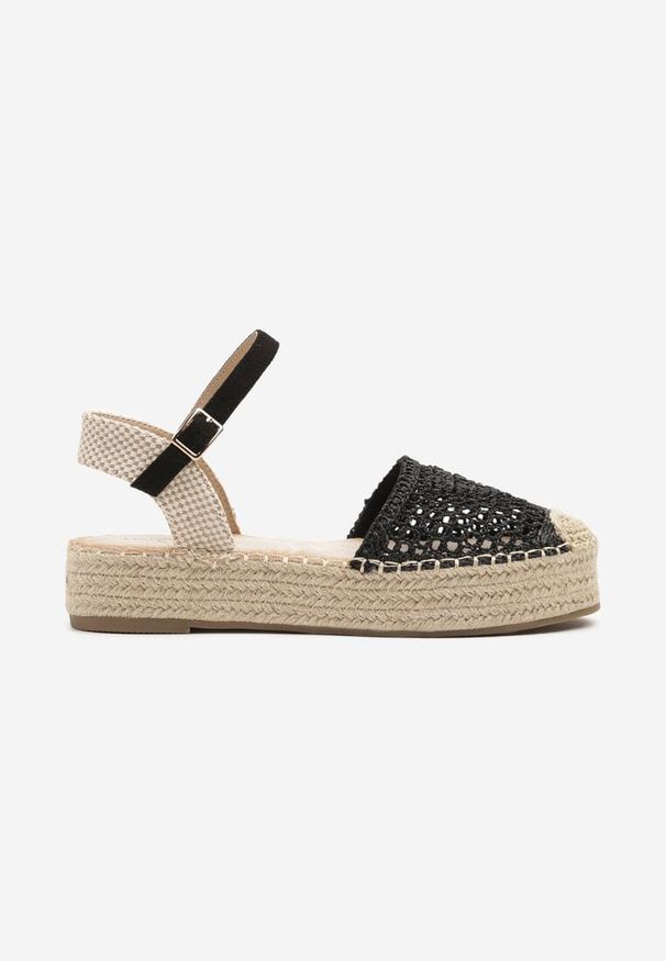 Renee - Czarne Sandały w Stylu Espadryli z Plecioną Platformą i Cholewką Elisova. Okazja: na plażę, na spacer. Zapięcie: sprzączka. Kolor: czarny. Sezon: lato. Obcas: na platformie. Styl: klasyczny, elegancki. Wysokość obcasa: średni