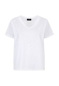 Ochnik - Biały T-shirt damski z cekinami. Typ kołnierza: dekolt w serek. Kolor: biały. Materiał: bawełna. Długość rękawa: krótki rękaw. Długość: krótkie. Wzór: aplikacja #3