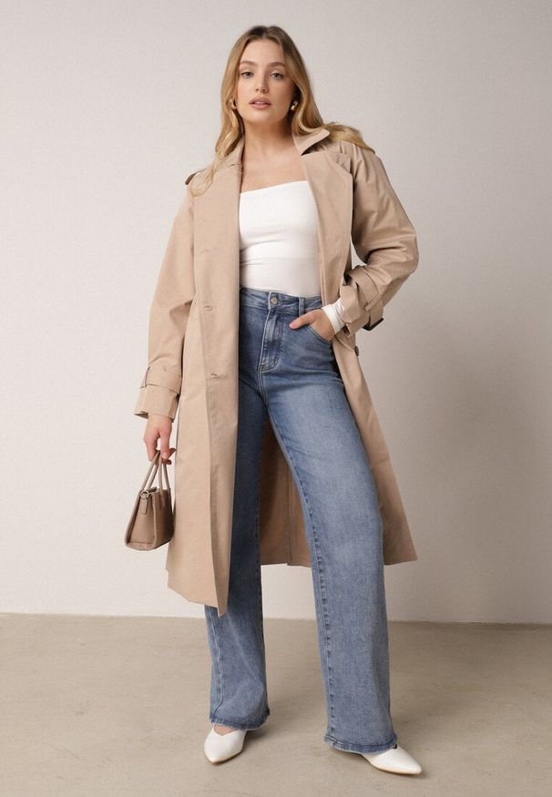 Born2be - Niebieskie Szerokie Jeansy z Bawełną i Domieszką Wiskozy z Wysokim Stanem Zhein. Okazja: na co dzień, do pracy, na spotkanie biznesowe. Stan: podwyższony. Kolekcja: plus size. Kolor: niebieski. Wzór: gładki. Styl: biznesowy, klasyczny, casual