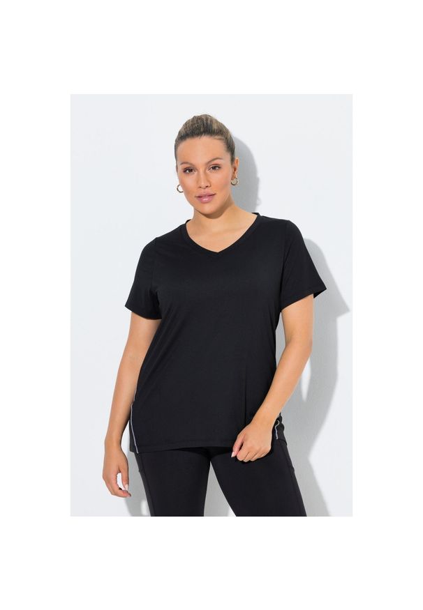 ULLA POPKEN - Damskie Bluzka funkcyjna wąska dekolt w szpic rękaw 1/2 z recyklingu. Kolekcja: plus size. Kolor: czarny. Materiał: poliester, elastan, materiał. Sport: fitness