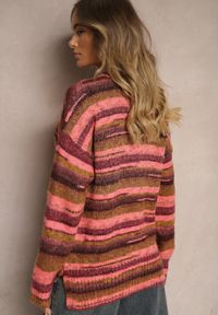 Renee - Różowo-Brązowy Sweter Ozdobiony Poziomymi Paskami Atorila. Kolor: różowy. Wzór: aplikacja. Sezon: zima #4