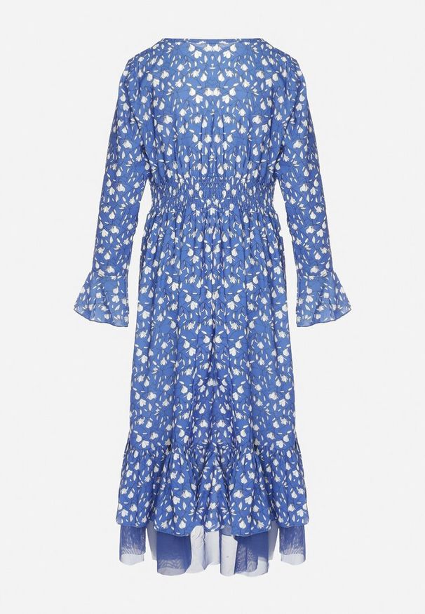 Born2be - Niebieska Asymetryczna Sukienka Midi Rozkloszowana z Siateczką Tivora. Kolor: niebieski. Typ sukienki: asymetryczne. Długość: midi