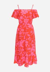 Born2be - Czerwono-Różowa Rozkloszowana Sukienka Midi Hiszpanka w Kwiaty Mirentta. Typ kołnierza: dekolt hiszpanka. Kolor: czerwony. Wzór: kwiaty. Typ sukienki: rozkloszowane. Styl: boho. Długość: midi #5